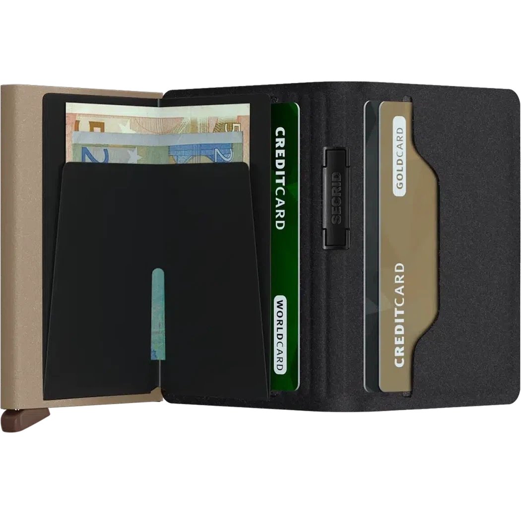 Open view of the SECRID Band Wallet LIBA in Black/Olive showing card slots and cash pocket against a white background.