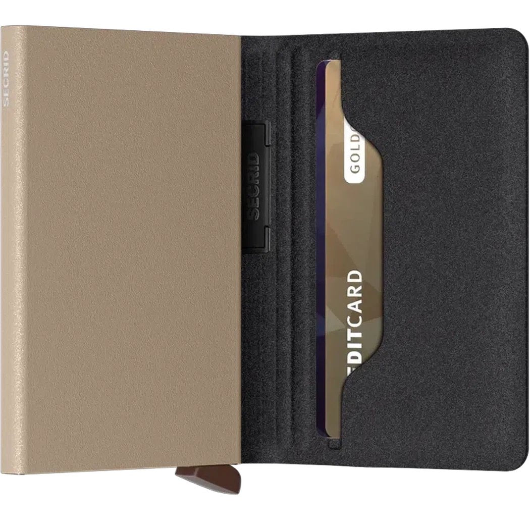 A black and olive SECRID Band Wallet LIBA open to show a card slot and a card inside.