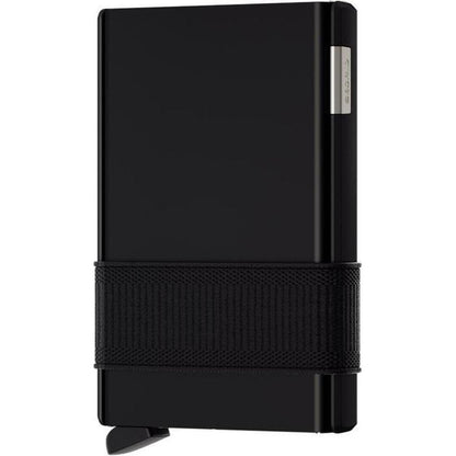 Side view of the SECRID Cardslide Wallet in Black showing the elastic closure band and metallic accent against a white background.