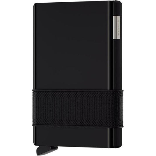 Side view of the SECRID Cardslide Wallet in Black showing the elastic closure band and metallic accent against a white background.