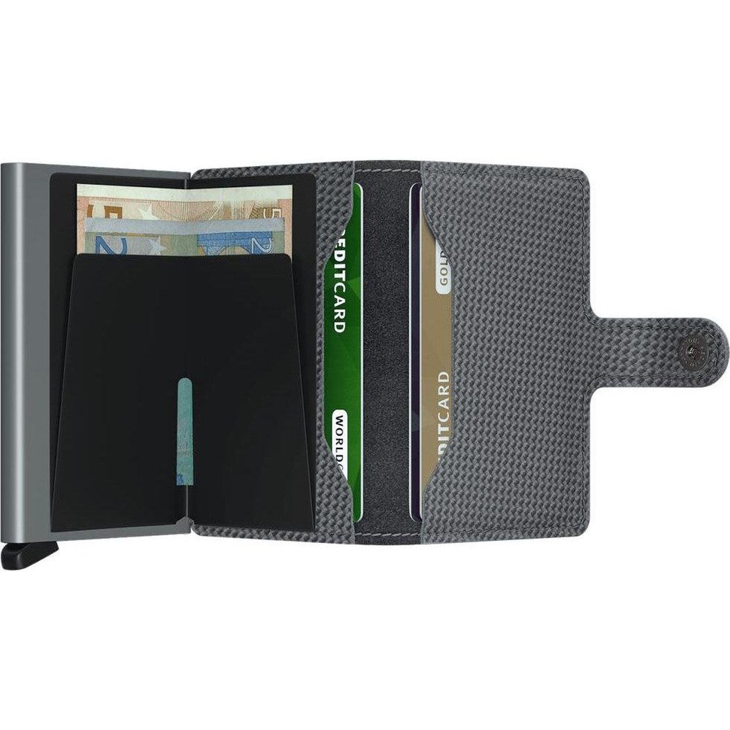 Side view of the SECRID Mini Wallet - Carbon showing the charcoal exterior and card slots against a white background.