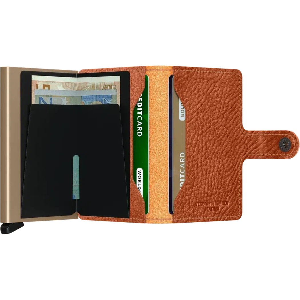 A black SECRID Mini Wallet - Veg open to show card slots and cash compartment.