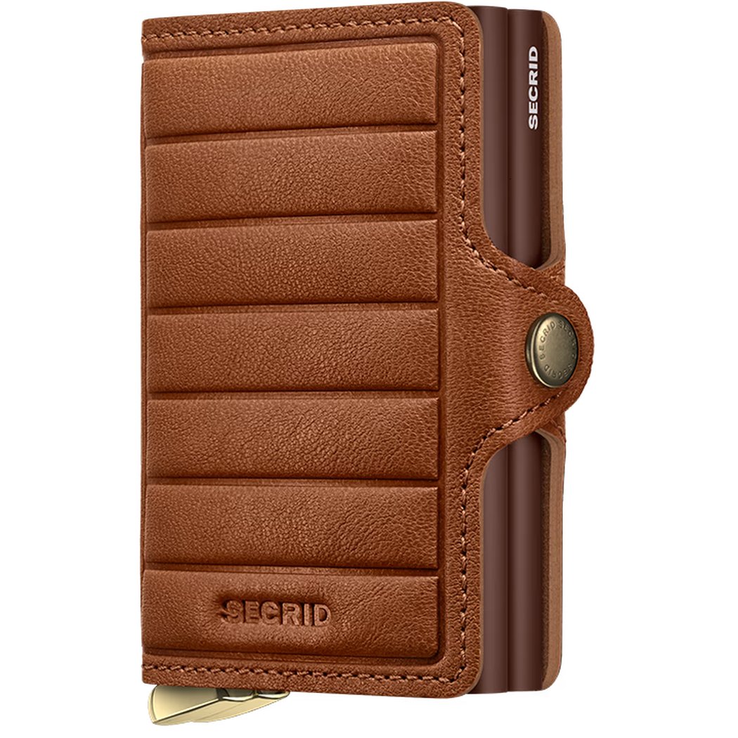 A front view of the SECRID Premium Twinwallet Emboss Lines + in Cognac showing the embossed lines and metal snap closure.