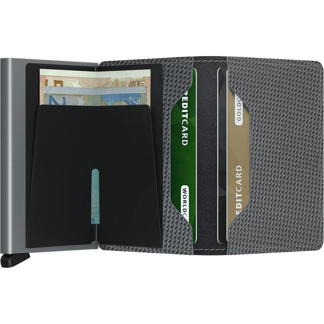 A side view of the SECRID Slim Wallet - Carbon in Black showing card slots and cash pocket against a white background.