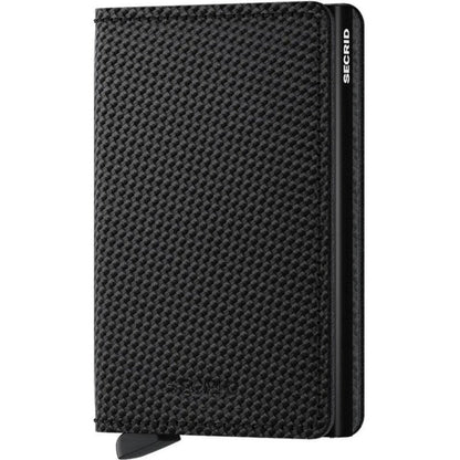 Side view of the SECRID Slim Wallet - Carbon in Black showing the textured surface and the brand name on the side.