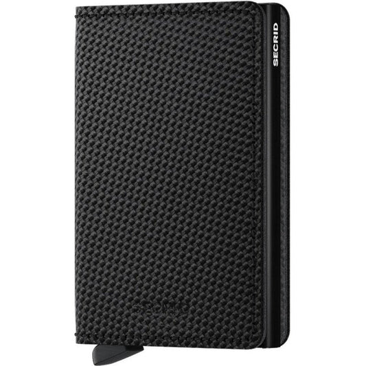 Side view of the SECRID Slim Wallet - Carbon in Black showing the textured surface and the brand name on the side.