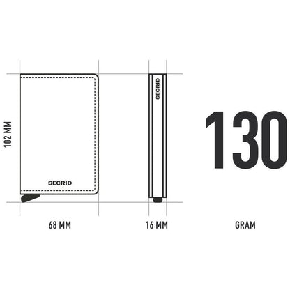 Side view of the SECRID Slim Wallet - Emboss Lines showing dimensions and 130 gram weight against a white background.