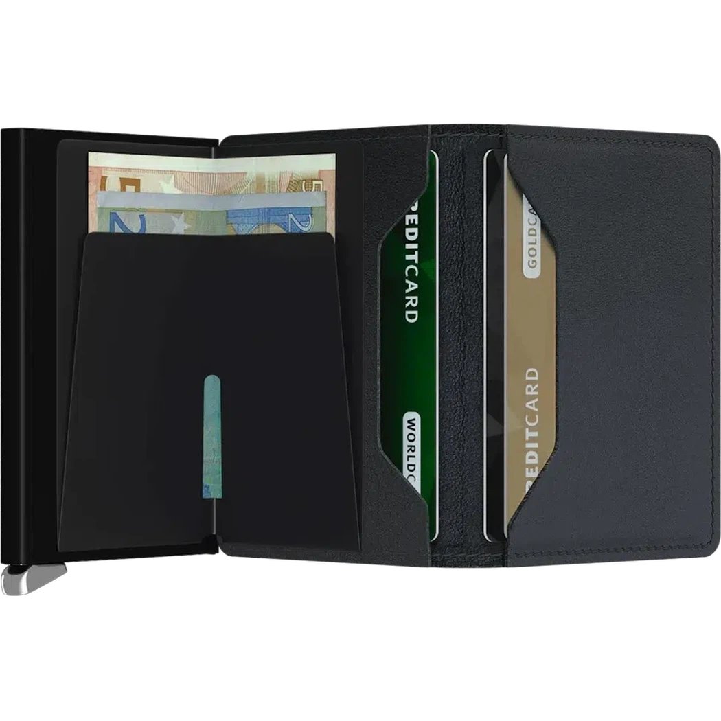 A black SECRID Slim Wallet - Emboss Lines open to show cash and credit cards in its slots.