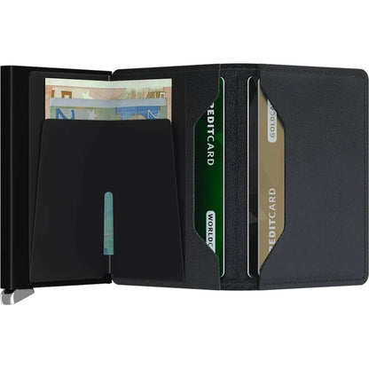 A black SECRID Slim Wallet - Emboss Lines open to show cash and credit cards in its slots.