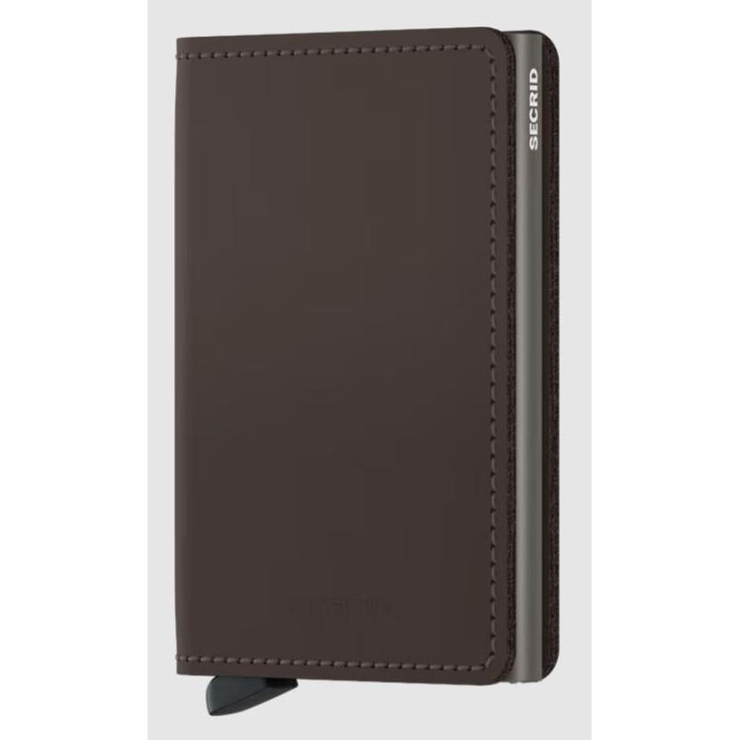 Side view of the SECRID Slim Wallet - Matte in Black showing the metal edge and the brand name on the side.