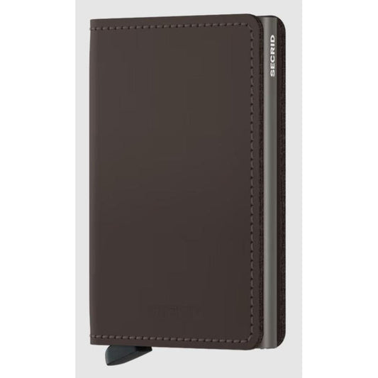 Side view of the SECRID Slim Wallet - Matte in Black showing the metal edge and the brand name on the side.
