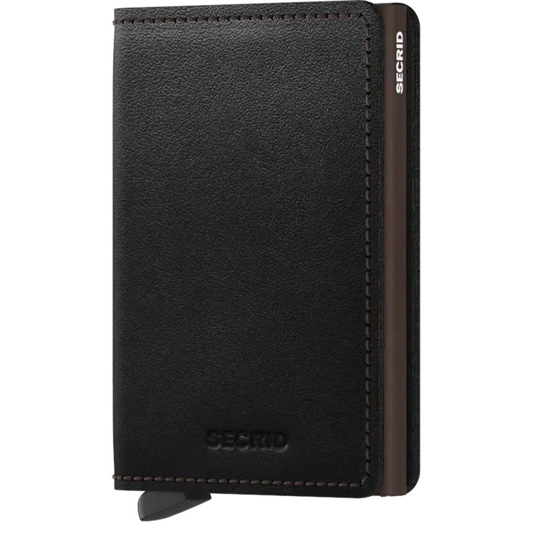 A front view of the SECRID Slim Wallet - Original in Black showing the brand name embossed on the front and a brown accent stripe on the side.
