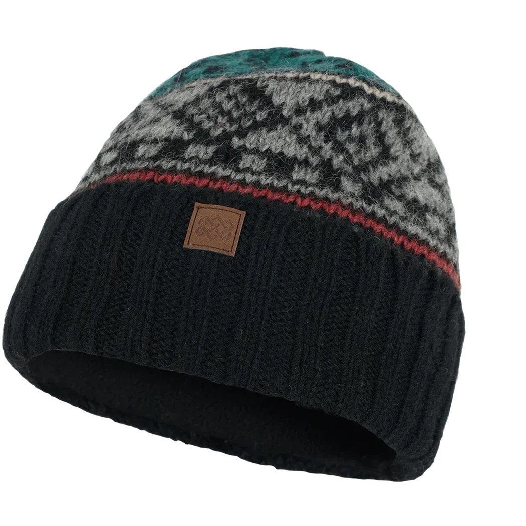 A front view of the Sherpa Adventure Gear Hanssi Hat in Bardiya Sand with a brown leather tag and a red stripe.