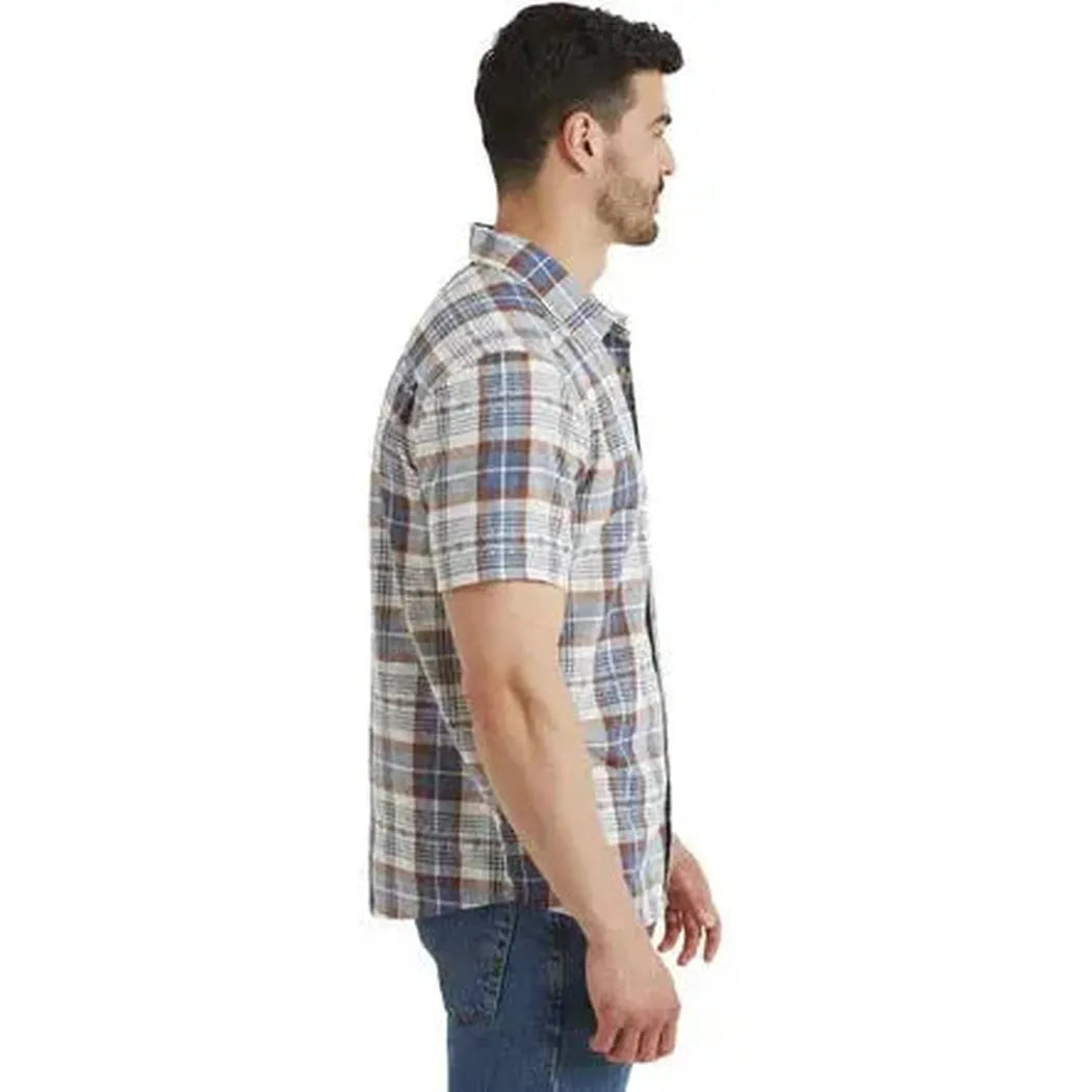 Side view of the Sherpa Adventure Gear Men's Jampa Plaid Short Sleeve Shirt in Peetho showing the plaid pattern against a white background.