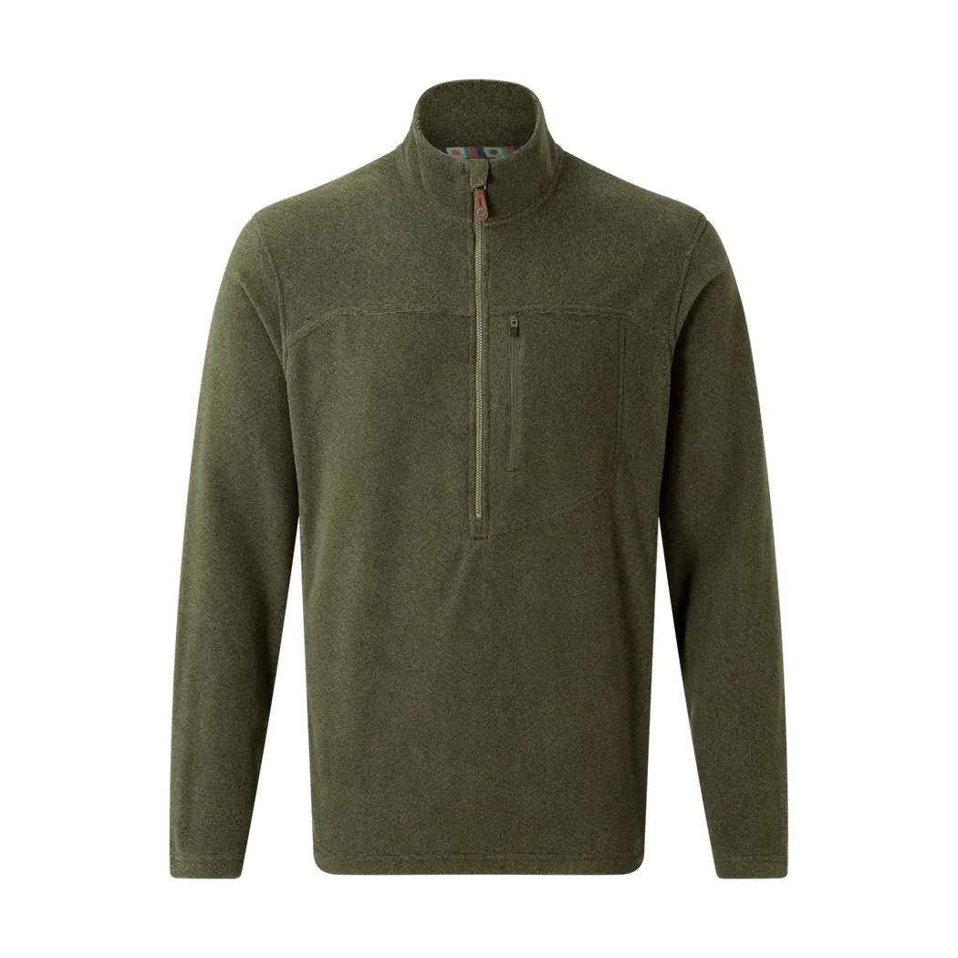 A front view of the Sherpa Adventure Gear Men's Rolpa Eco 1/4 Zip in Cappuccino with a half-zip and chest pocket against a white background.