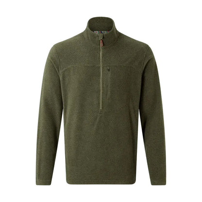 A front view of the Sherpa Adventure Gear Men's Rolpa Eco 1/4 Zip in Cappuccino with a half-zip and chest pocket against a white background.