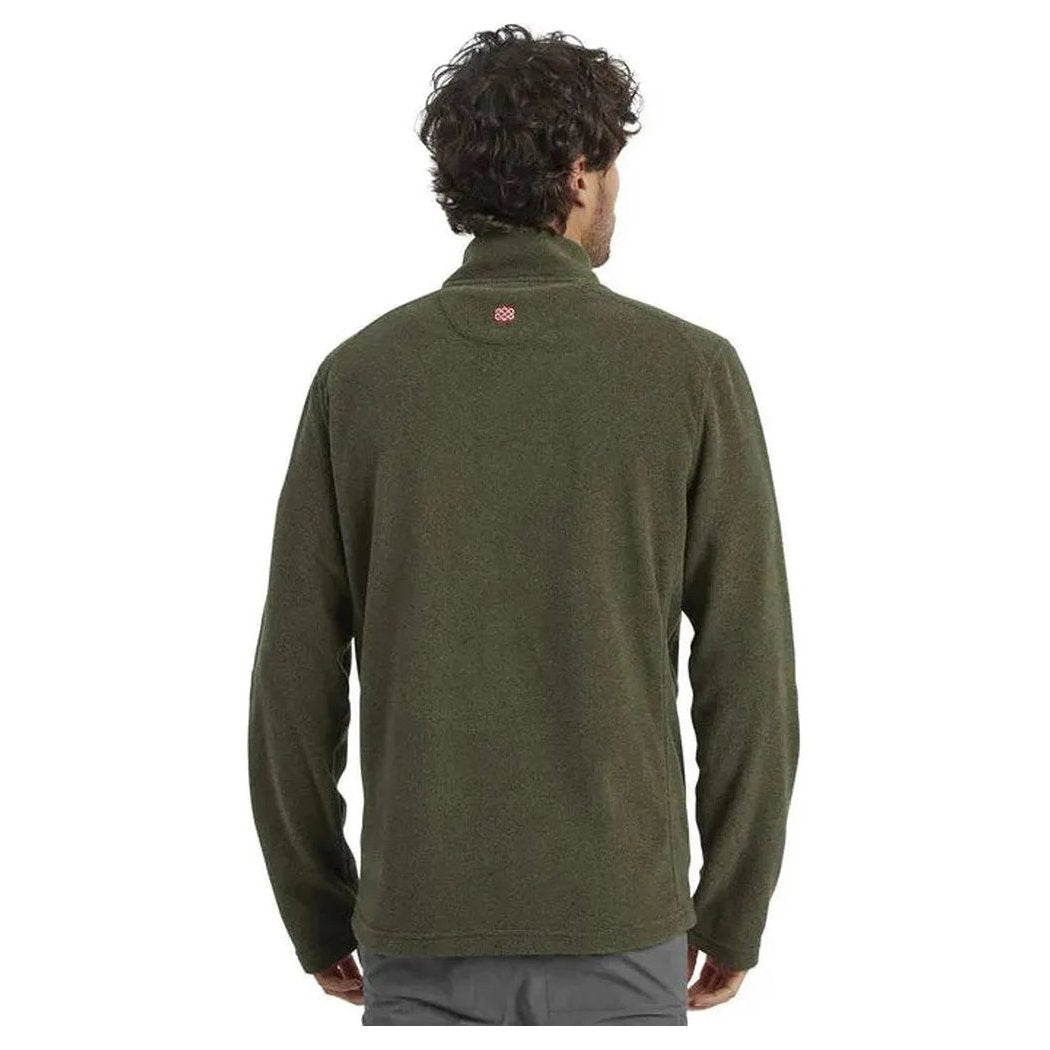 Back view of the Sherpa Adventure Gear Men's Rolpa Eco 1/4 Zip in Cappuccino on a model against a white background.