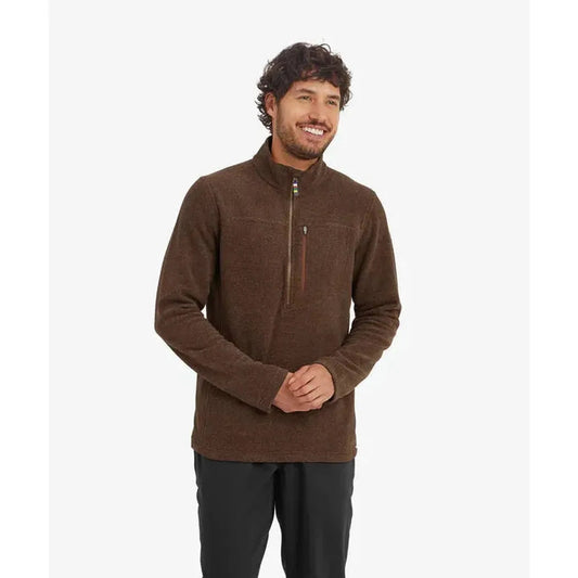 A front view of the Sherpa Adventure Gear Men's Rolpa Eco 1/4 Zip in Cappuccino on a model against a white background.