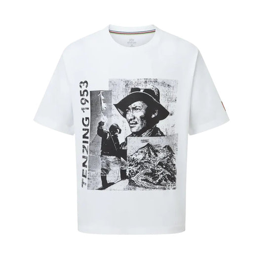 A front view of the Sherpa Adventure Gear Men's Tenzing Tee in Katha White showing the graphic print and short sleeves.