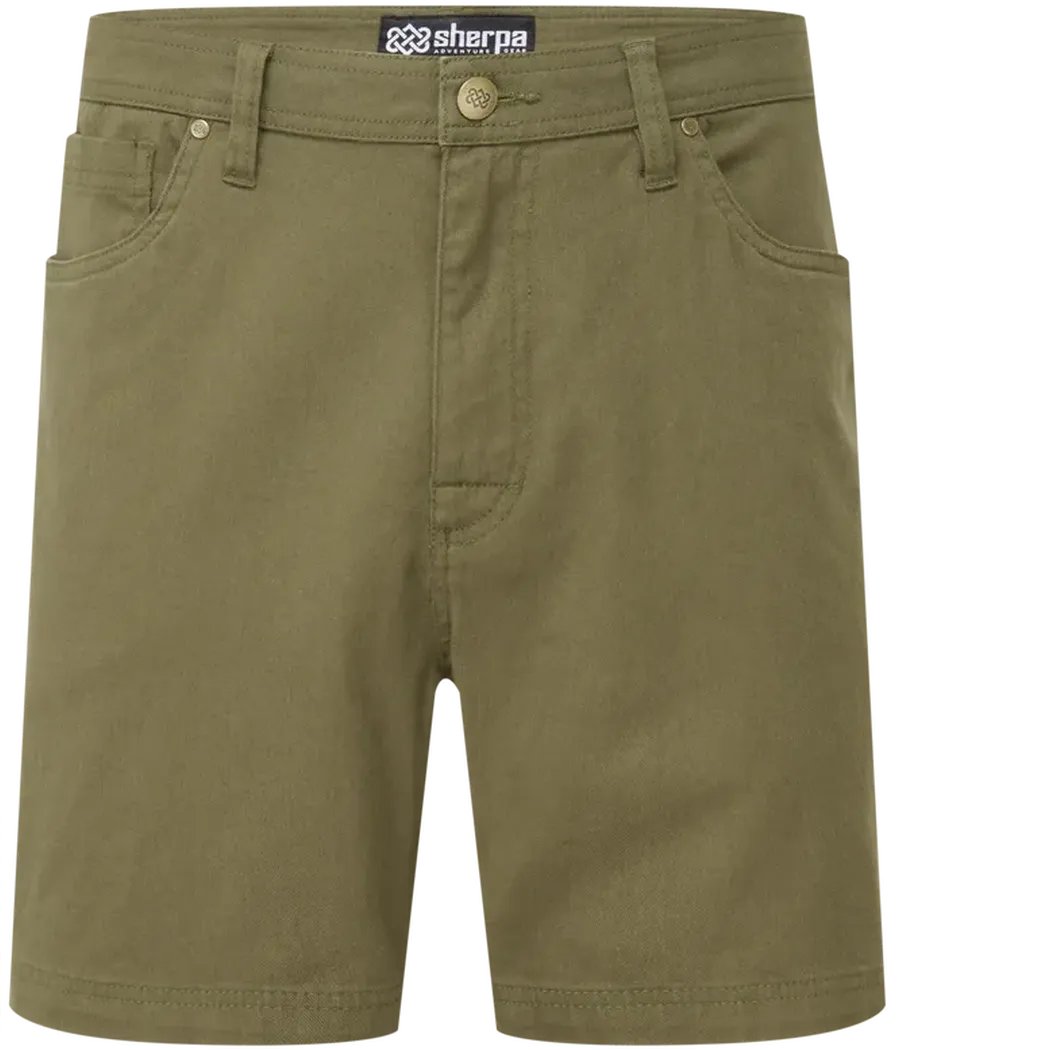 Front view of the Sherpa Adventure Gear Sample - Men's Dando 5 Pocket Short in Evergreen showing the front pockets and button closure against a white background.