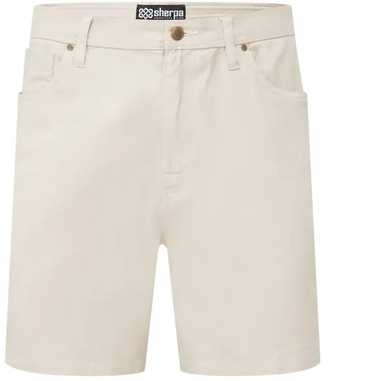 Natural, complete sentence describing the photo. Nothing else — no prefix, no quotes.

The front view of the Sherpa Adventure Gear Sample - Men's Dando 5 Pocket Short in Evergreen shows the 5 pockets