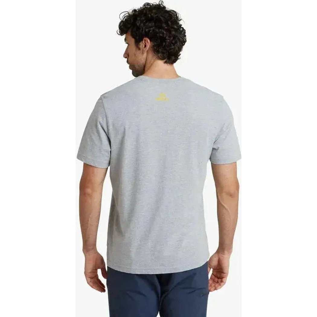 Back view of the Sherpa Adventure Gear Sample - Men's Tarcho Tee in Heather Grey on a model against a white background.
