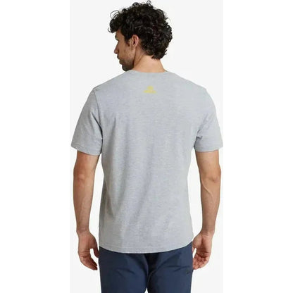 Back view of the Sherpa Adventure Gear Sample - Men's Tarcho Tee in Heather Grey on a model against a white background.