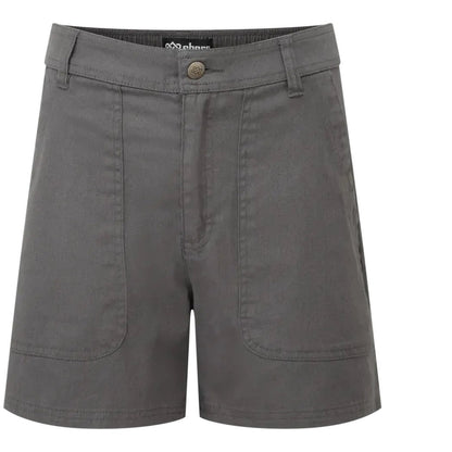 Front view of the Sherpa Adventure Gear Sample - Women's Dando Short in Evergreen, showing front pockets and a button closure against a white background.