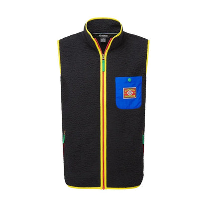 A front view of the Sherpa Adventure Gear Samples - Men's Tarcho Vest in Black showing the blue chest pocket and yellow trim against a white background.