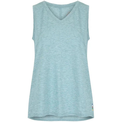 A front view of the Sherpa Adventure Gear Women's Asha V-Tank in Hydra color with a small tag on the bottom right.