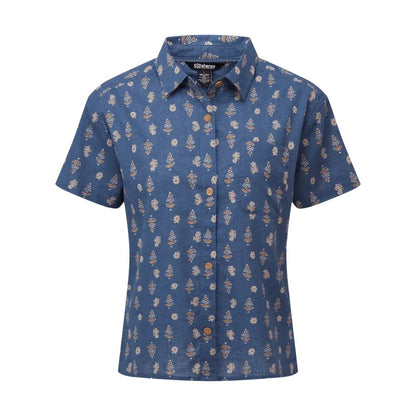 A front view of the Sherpa Adventure Gear Women's Jaya Camp Shirt in Seaport Blue Indi Blossom with a white background.