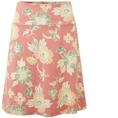 A front view of the Sherpa Adventure Gear Women's Padma Pull On Skirt in Floral Brick Dust Floral showing the floral pattern and pull on design against a white background.