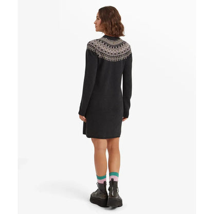 Back view of the Sherpa Adventure Gear Women's Pamu Dress in Black showing the patterned yoke and a model wearing it against a white background.