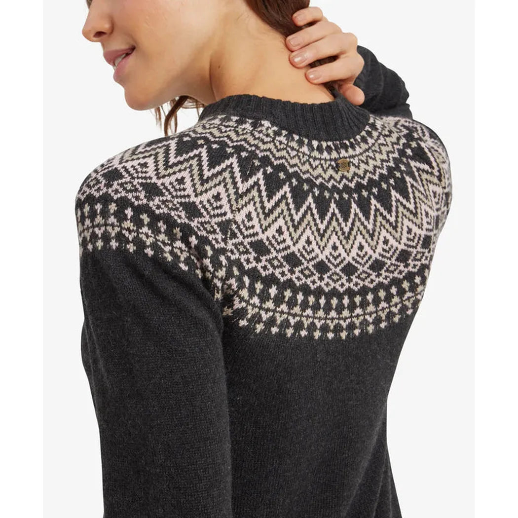 Back view of the Sherpa Adventure Gear Women's Pamu Dress in Black showing the patterned yoke and a model wearing it.