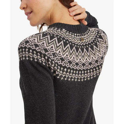 Back view of the Sherpa Adventure Gear Women's Pamu Dress in Black showing the patterned yoke and a model wearing it.