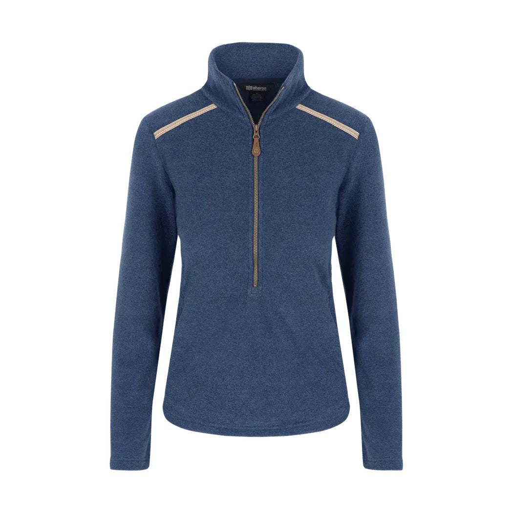 A front view of the Sherpa Adventure Gear Women's Rolpa Eco Pullover Zip in Rathee Blue showing the half-zip and shoulder accents against a white background.