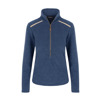 A front view of the Sherpa Adventure Gear Women's Rolpa Eco Pullover Zip in Rathee Blue showing the half-zip and shoulder accents against a white background.