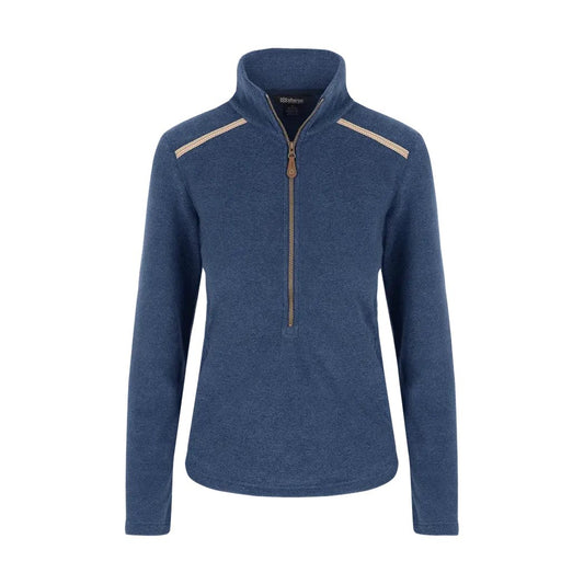 A front view of the Sherpa Adventure Gear Women's Rolpa Eco Pullover Zip in Rathee Blue showing the half-zip and shoulder accents against a white background.