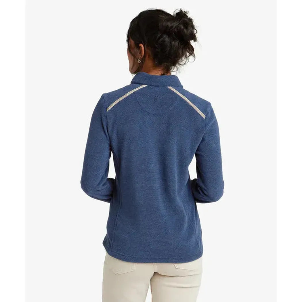 Back view of the Sherpa Adventure Gear Women's Rolpa Eco Pullover Zip in Rathee Blue on a model against a white background.