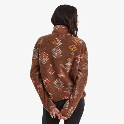 Back view of the Sherpa Adventure Gear Women's Uddesya Eco 1/4 Zip in Cappuccino Yathra on a model against a white background.