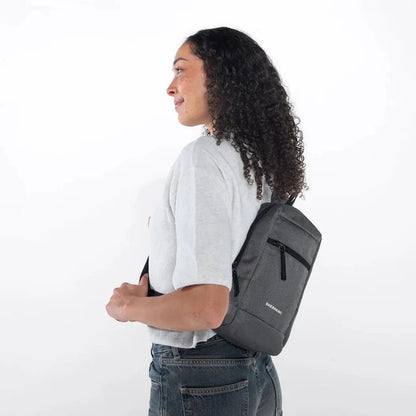 Side view of the Sherpani Metro AT in Aloe Mist showing the front pocket and model wearing it against a white background.