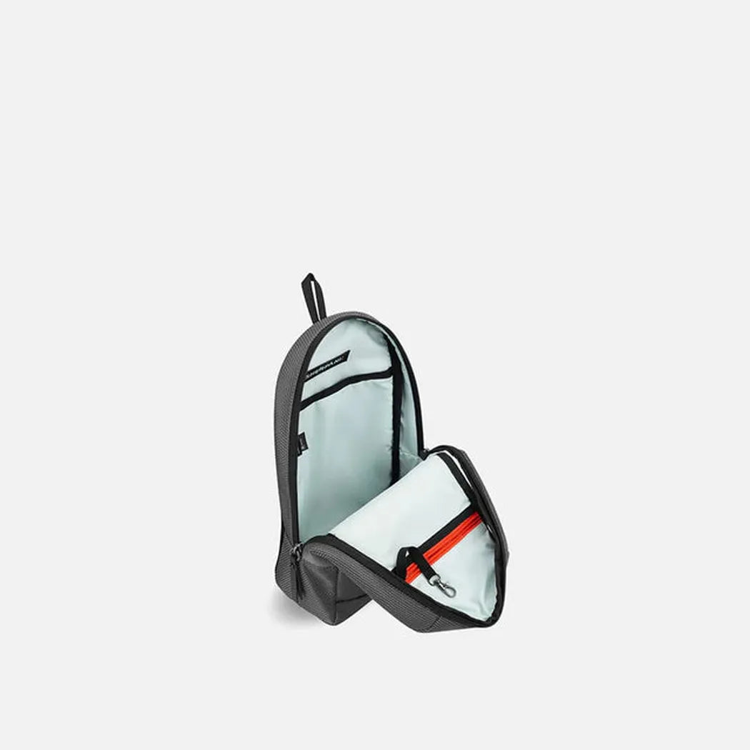 A front view of the Sherpani Metro AT in Aloe Mist showing the interior compartments against a white background.