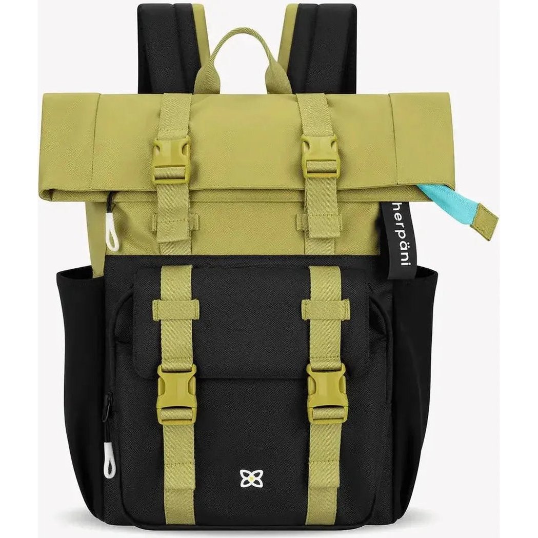A front view of the Sherpani Sedona backpack in Alchemy color showing the front pocket and buckle straps against a white background.