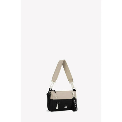 A front view of the Sherpani Skye bag in Alchemy color with a beige shoulder strap and black bottom section against a white background.