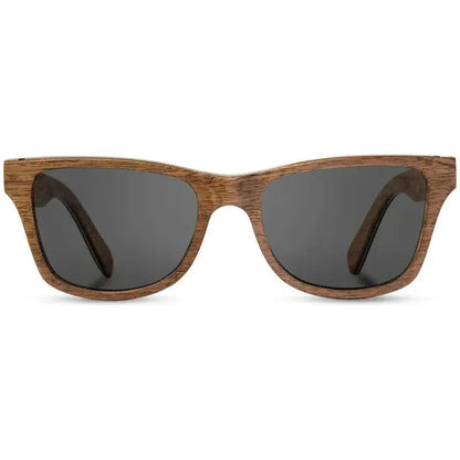 Front view of the Shwood Canby sunglasses with Distressed Dark Walnut frames and charcoal lenses against a white background.