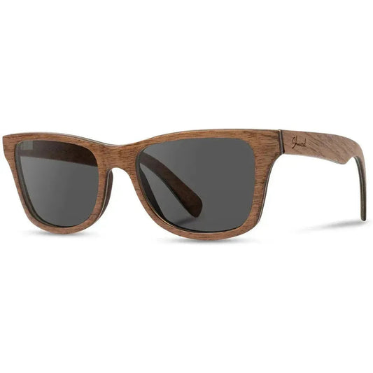 Side view of the Shwood Canby sunglasses in Distressed Dark Walnut with charcoal lenses against a white background.