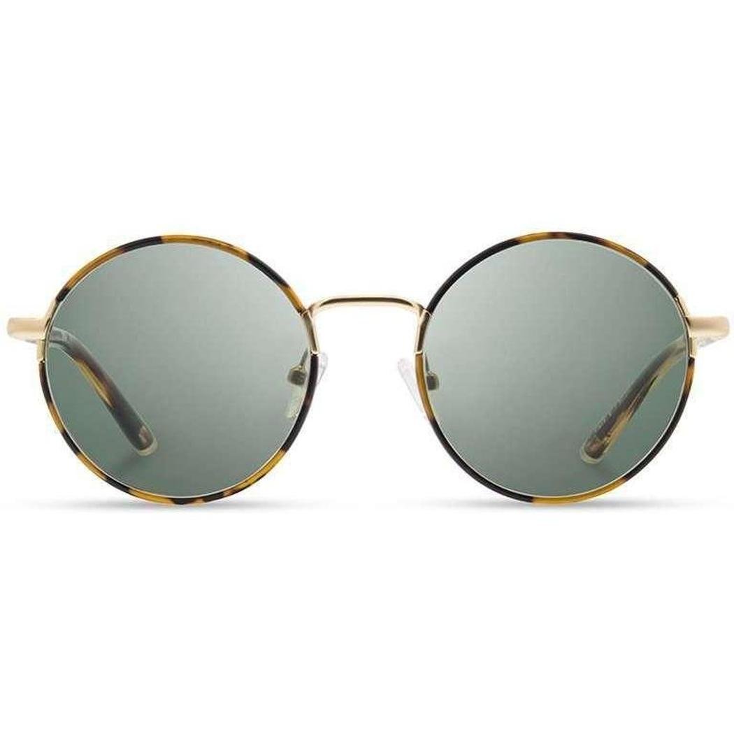 Round Shwood Hawthorne sunglasses with black chrome frames and mahogany accents, front view against a white background.
