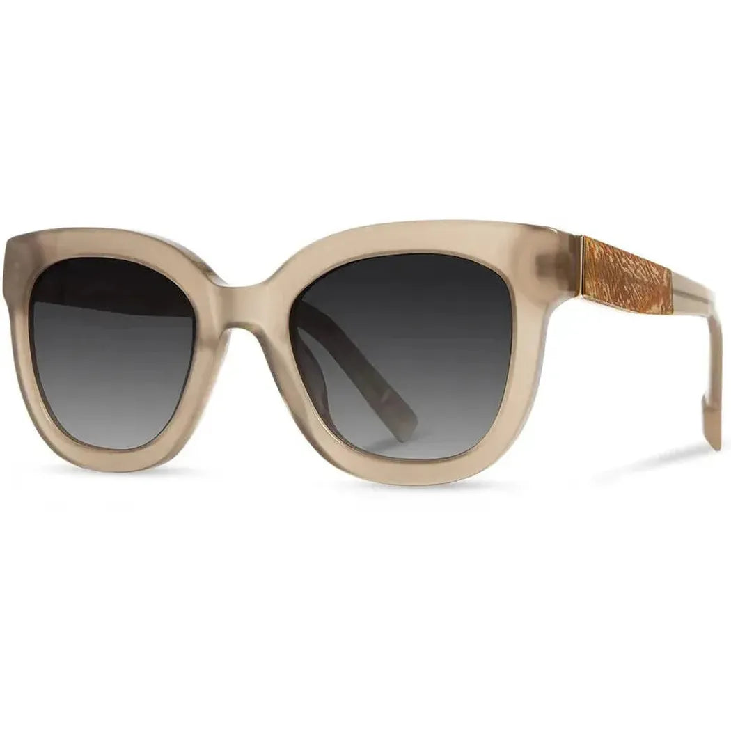 Side view of the Shwood Lorane sunglasses with copper accents on the temple and charcoal lenses against a white background.
