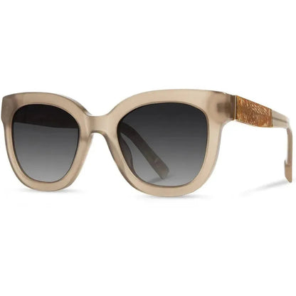 Side view of the Shwood Lorane sunglasses with copper accents on the temple and charcoal lenses against a white background.