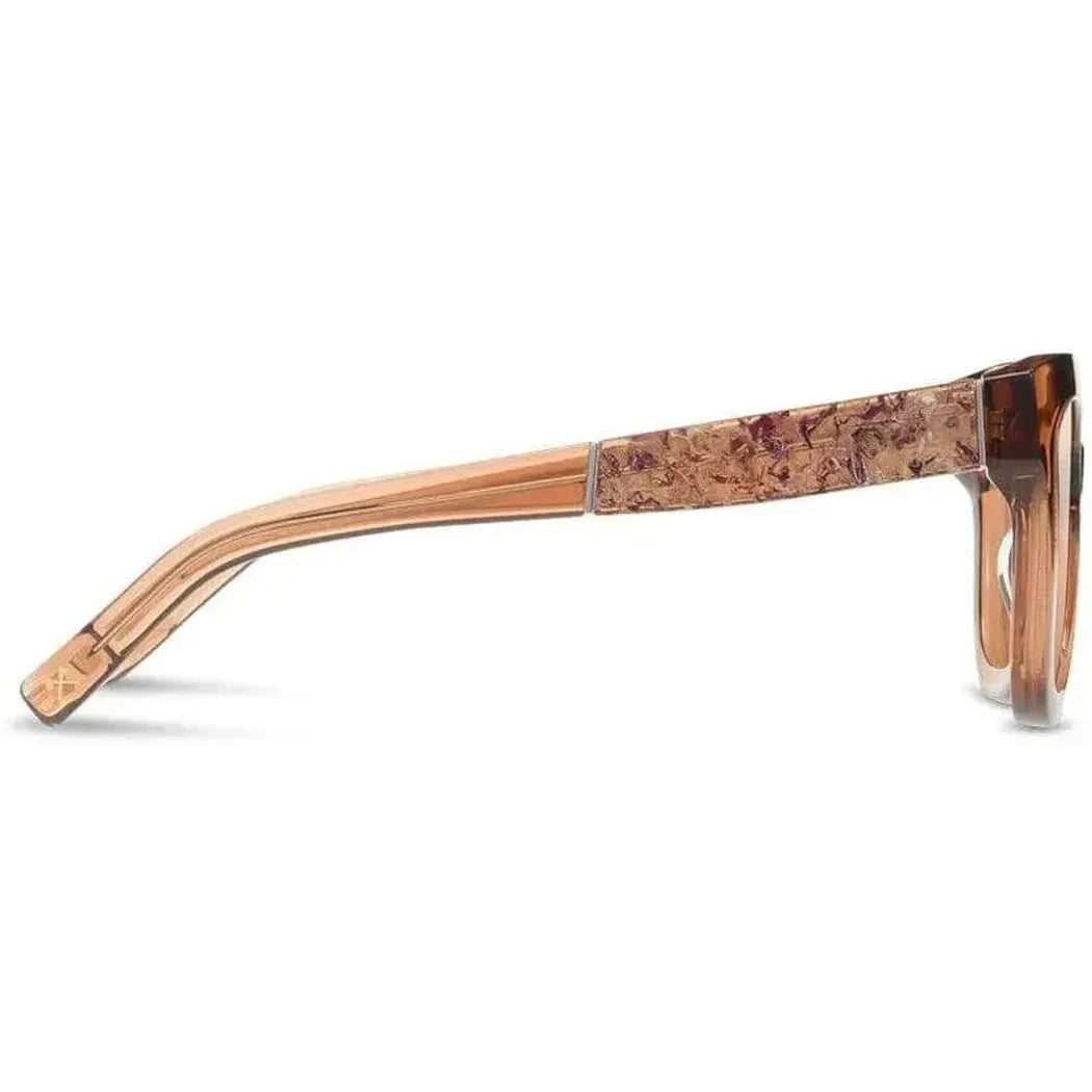 Side view of the Shwood Lorane sunglasses in Copper // Rose Flower showing the textured temple and white background.